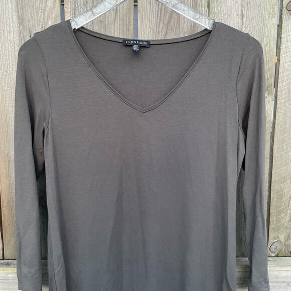 Eileen Fisher Dress Stretch Viscose Jersey V-Neck 3/4 Sleeve Shift Gray Small - Picture 3 of 10